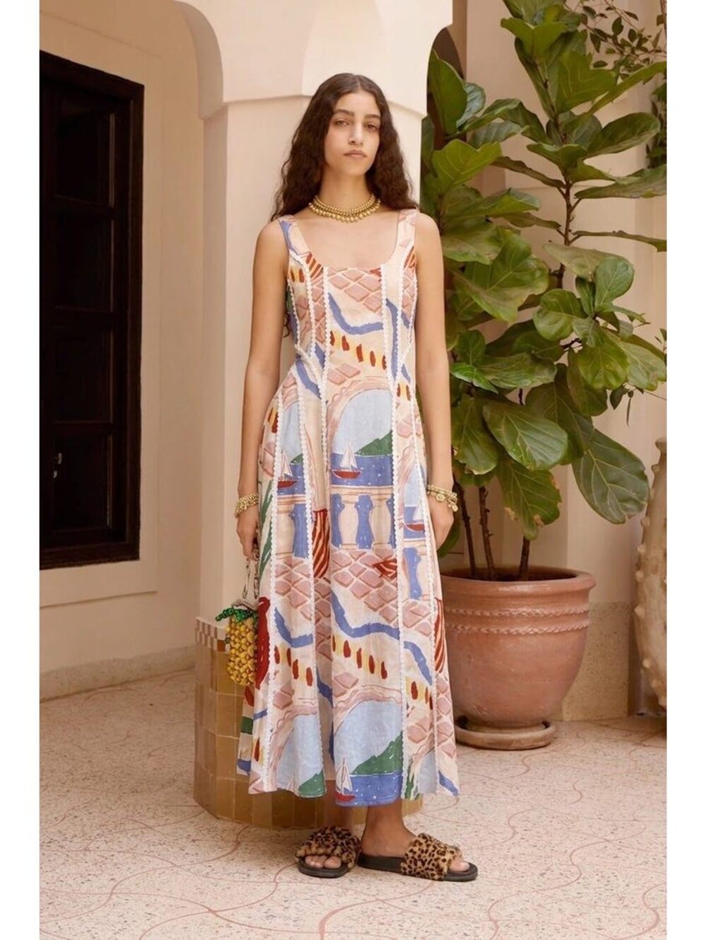 NWOT Christian Lacroix Linen Scenic Print Coastal Midi Dress Size XS